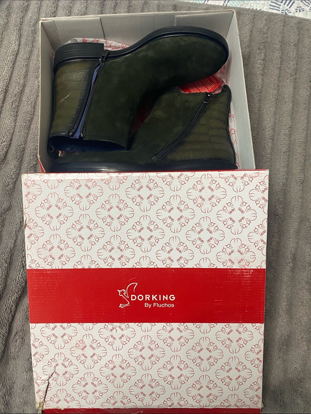 Dorking Matix Olive Green Suede & Croc-Texture Zip Ankle Boots
